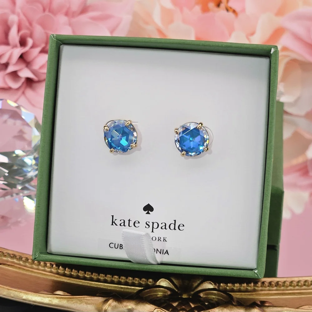 Kate Spade Round Stud Earrings Sapphire Colored Gold Tone CZ Gift Box Colorful